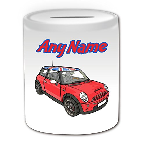 Personalisiertes Geschenk – Rot Mini Cooper Union Jack Dach Aufkleber Spardose (Design Thema, weiß) – Für jede Nachricht/Name auf Ihrem Einzigartig – BMW Hatch Cabrio Clubman Countryman Coupe Roadster Paceman Fahrzeug Auto Automarke Cute Treiber von Uni-gift