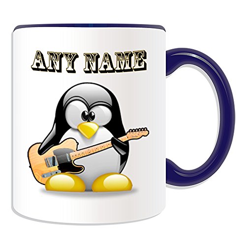 Tasse mit E-Jazz-Gitarre (Pinguin im Kostüm-Design, Farboptionen) – Name / Nachricht auf Ihrem einzigartigen Musikinstrument von UNIGIFT