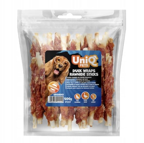 UNIQ Pets Kauknochen Hund 500 g Ente auf Rinderhaut Kaustangen Entenbrust Streifen kaurollen für Hunde getreidefreier Hundesnack hundeleckerli kausticks für Hunde von UniQ PETS