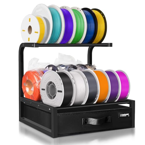 2-Stufiges 3D Drucker Filament Aufbewahrungsregal Lagerregal mit Stoffschublade für PLA/PETG/ABS/TPU Filamente, Metall-Desktop Zweireihiges 3D Drucker Filament Spulenhalter Regal von UniTak3D