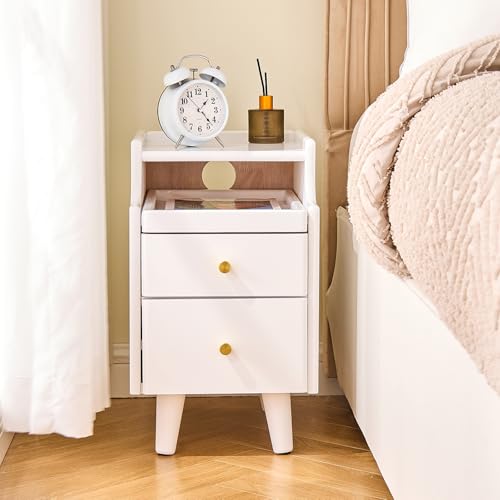 Uniclinens Weißer schmaler Nachttisch mit Schubladen, kleiner schlanker Nachttisch aus Massivholz für Schlafzimmer, modernes Ende / Seite für Wohnzimmer von Uniclinens