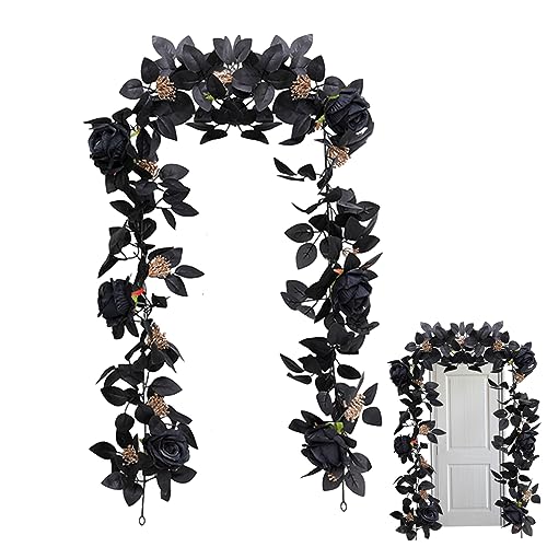 Künstliche Schwarze Rosenrebe, 69 Zoll gefälschte Rosengirlande Blumen, hängende Schwarze Seidenblumengirlande, Halloween künstliche Blumen Girlande, lebhafte Blumengirlande von Unicoco