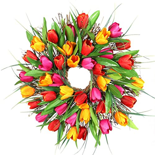 Tulpentürkranz, 40 cm Typ1 künstliche Blüten Tulpekranz, künstliche Tulpen -Türkranz mit grünen Blättern, Blumen -Türkranz, Simulation Blumengirlande, Frühlingskranz für Haustürdekoration von Unicoco