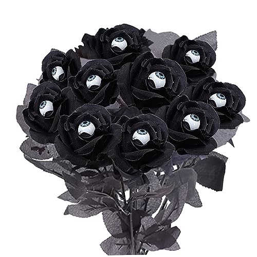 Unicoco Künstliche Seidenrosen, 10pcs Faux Rose mit Augäpfeln Schwarze künstliche Halloween -Blumen Faux Gothic Rose gefälschte realistische Augapfelrosen für Halloween -Dekorationen von Unicoco
