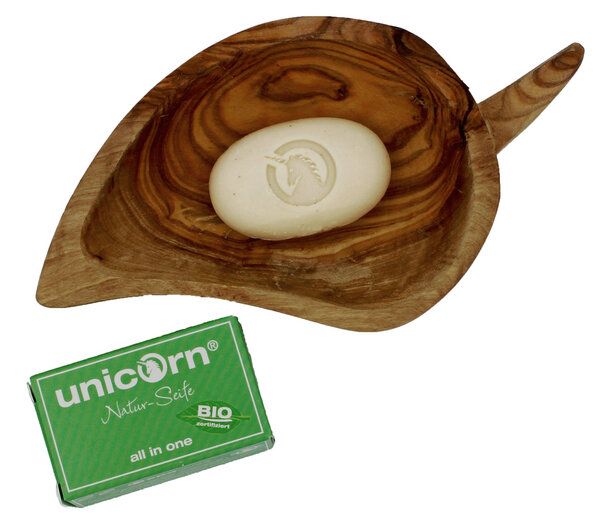 unicorn mini edition - kleine Seife und Olivenholz-Schale Blatt für Dusche oder Waschbecken von Unicorn