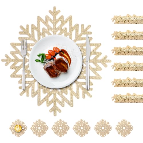Schneeflocken Platzset Rund, 12er Set Tischläufer platzset Gold, hitzebeständig, rutschfest, 6X 38cm Tischuntersetzer+6X 10cm Glas Untersetzer von Unictop