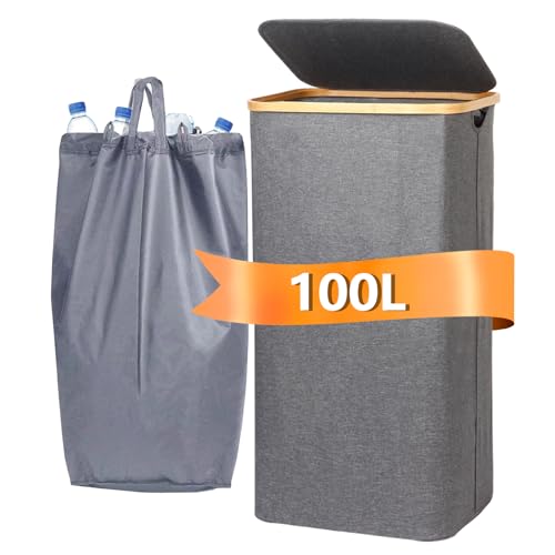 Pfandflaschen Sammelbehälter Grau - 100L herausnehmbaren Behälter Leergut & Altglas Aufbewahrung - Flaschensammler Küche Wäschesortierer-pfandflaschen sammelbehälter für Balkon, Garage, Party von Unictop