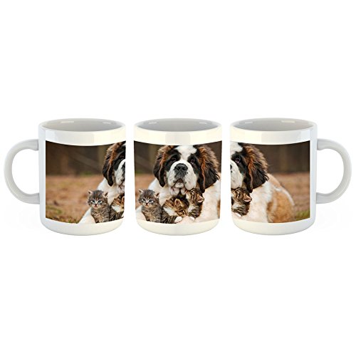 Unified Distribution Bernhardiner Hund Kätzchen kuscheln - Tasse mit Motiv Bedruckt, 300ml C-Henkel. Tolles Geschenk für Büro, Küche, Geburtstag, Lieblingstasse zum Frühstück von Unified Distribution