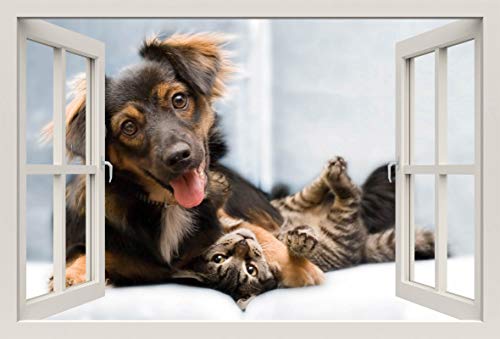 Unified Distribution Hund und Katze Freundschaft - Wandtattoo mit 3D Effekt, Aufkleber für Wände und Türen Größe: 92x61 cm, Stil: Fenster von Unified Distribution