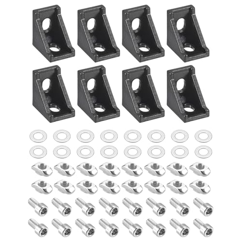 Unifizz Aluminium-Extrusions-Eckwinkel, T-Schlitz, 28 x 28 x 20 mm, Winkelverbinder mit Muttern, Innensechskantschrauben und Unterlegscheiben, für Aluminiumprofil der Serie 2028, Schwarz, 8 Sets von Unifizz
