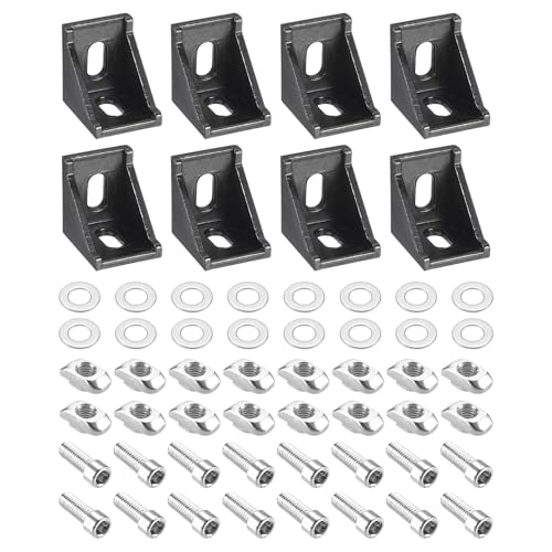 Unifizz Aluminium-Extrusions-Eckwinkel, T-Schlitz, 35 x 35 x 29 mm, Winkelverbinder mit Muttern, Innensechskantschrauben und Unterlegscheiben für Aluminiumprofil der Serie 3030, Schwarz, 8 Sets von Unifizz