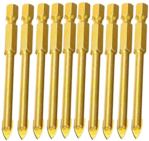 Unifizz Wolfram-Fliesenbohrer-Set, Sechskant-Schaft, magnetisch, lang, 6 mm, Glaskeramik, flacher Speerkopf, Bohrer, goldfarben, 10 Stück von Unifizz