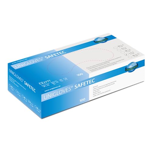 UNIGLOVES - Robuster SAFETEC® Latexhandschuh | Puderfrei & lebensmittelecht | Extra griffig dank mirkrogeraute Handfläche |100 Stück | Einmalhandschuh M von UNIGLOVES