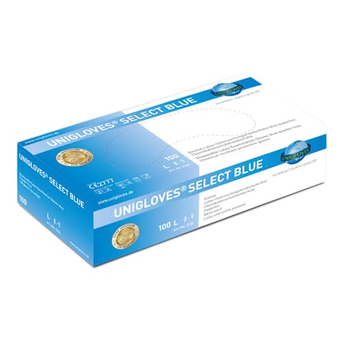 UNIGLOVES - Robuster SELECT® BLUE Latexhandschuh | Puderfrei & lebensmittelecht | Extra griffig dank mirkrogeraute Handfläche | 100 Stück | Einmalhandschuh S von UNIGLOVES