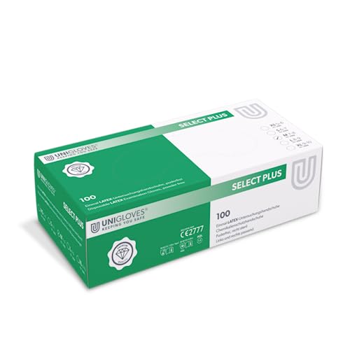 UNIGLOVES - Robuster SELECT® PLUS Latexhandschuh | Puderfrei & lebensmittelecht | Extra griffig dank mirkrogeraute Handfläche | 100 Stück | Einmalhandschuh M von UNIGLOVES