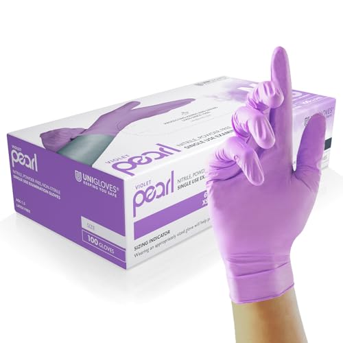 UNIGLOVES Violet Pearl Nitril-Untersuchungshandschuhe - vielseitig einsetzbar, puderfreie und latexfreie Einweghandschuhe - Box mit 100 Handschuhen, Violett, Groß (GP0074) von UNIGLOVES