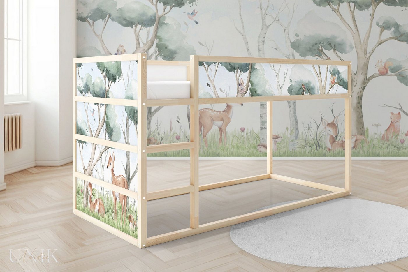 Unik Nordic Möbelfolie IKEA Kura Aufkleber Set - Waldtiere Landschaft 2-Sticker-Set Oben, (Set, 2St.}, Für die angebene Anzahl an Flächen zugeschnitten), selbstklebend, exakte Maße, wiederablösbar von Unik Nordic
