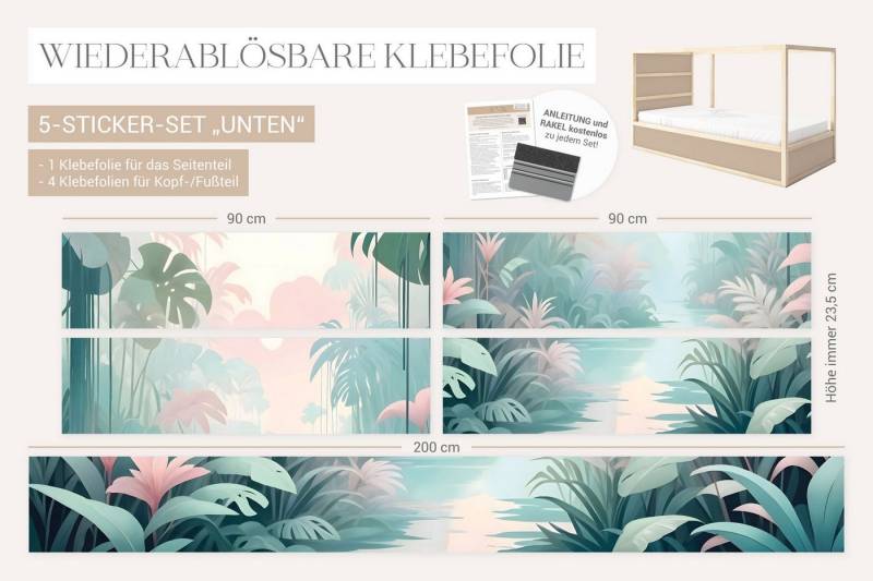Unik Nordic Möbelfolie IKEA Kura Bett­aufkleber - Dschungel Pastell 5-Sticker-Set Unten, (Set, 5St.}, Für die angebene Anzahl an Flächen zugeschnitten), selbstklebend, exakte Maße, wiederablösbar von Unik Nordic