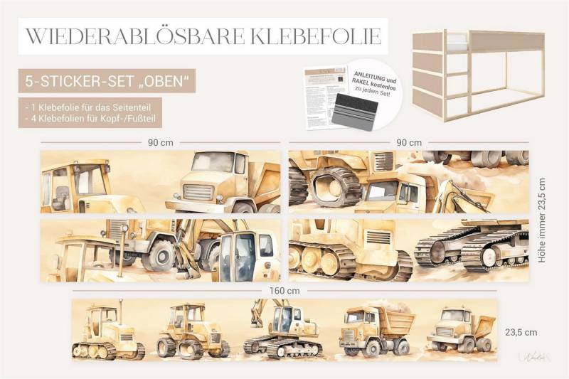 Unik Nordic Möbelfolie IKEA Kura Bett­aufkleber Set - Baustelle, (Set, 5St.}, Für die angebene Anzahl an Flächen zugeschnitten), selbstklebend, exakte Maße, wiederablösbar von Unik Nordic