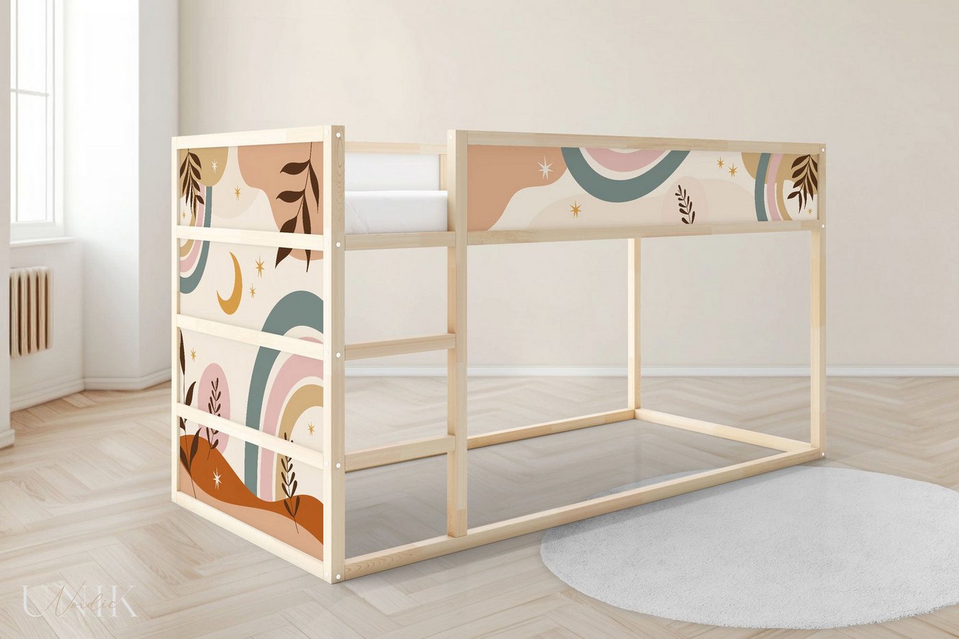 Unik Nordic Möbelfolie IKEA Kura Bett­aufkleber Set - Boho Formen 5-Sticker-Set Unten, (Set, 5St.}, Für die angebene Anzahl an Flächen zugeschnitten), selbstklebend, exakte Maße, wiederablösbar von Unik Nordic