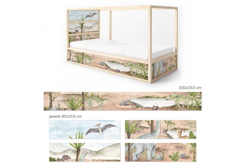 Unik Nordic Möbelfolie IKEA Kura Bett­aufkleber Set - Dinos Aquarell, (Set, 5St.}, Für die angebene Anzahl an Flächen zugeschnitten), selbstklebend, exakte Maße, wiederablösbar von Unik Nordic