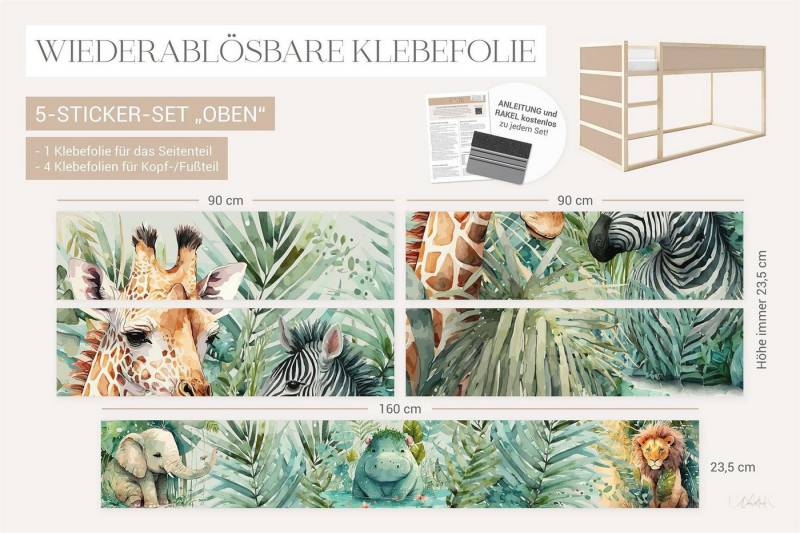 Unik Nordic Möbelfolie IKEA Kura Bett­aufkleber Set - Dschungel, (Set, 5St.}, Für die angebene Anzahl an Flächen zugeschnitten), selbstklebend, exakte Maße, wiederablösbar von Unik Nordic