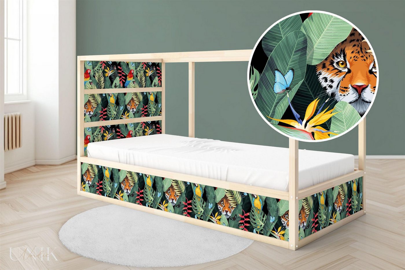 Unik Nordic Möbelfolie IKEA Kura Bett­aufkleber Set - Dschungel Muster 2-Sticker-Set Oben, (Set, 2St.}, Für die angebene Anzahl an Flächen zugeschnitten), selbstklebend, exakte Maße, wiederablösbar von Unik Nordic