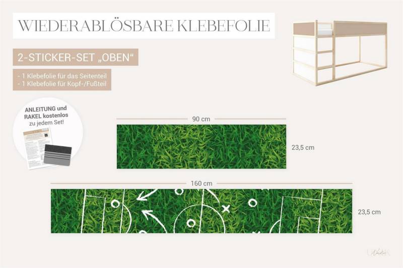 Unik Nordic Möbelfolie IKEA Kura Bett­aufkleber Set - Fußball Rasen, (Set, 2St.}, Für die angebene Anzahl an Flächen zugeschnitten), selbstklebend, exakte Maße, wiederablösbar von Unik Nordic