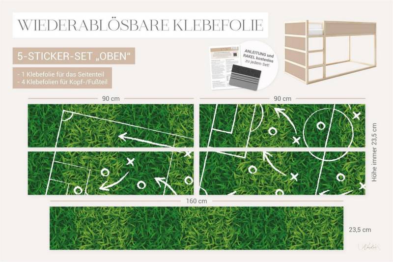Unik Nordic Möbelfolie IKEA Kura Bett­aufkleber Set - Fußball Rasen, (Set, 5St.}, Für die angebene Anzahl an Flächen zugeschnitten), selbstklebend, exakte Maße, wiederablösbar von Unik Nordic