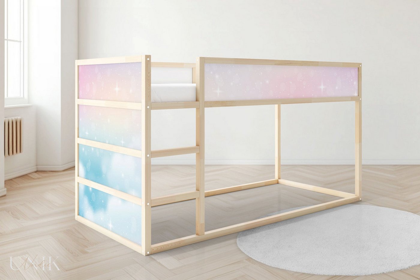 Unik Nordic Möbelfolie IKEA Kura Bett­aufkleber Set - Pastell Himmel 5-Sticker-Set Oben, (Set, 5St.}, Für die angebene Anzahl an Flächen zugeschnitten), selbstklebend, exakte Maße, wiederablösbar von Unik Nordic