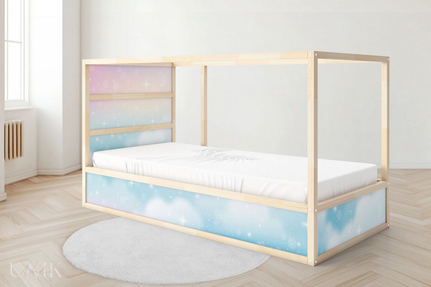 Unik Nordic Möbelfolie IKEA Kura Bett­aufkleber Set - Pastell Himmel 5-Sticker-Set Unten, (Set, 5St.}, Für die angebene Anzahl an Flächen zugeschnitten), selbstklebend, exakte Maße, wiederablösbar von Unik Nordic