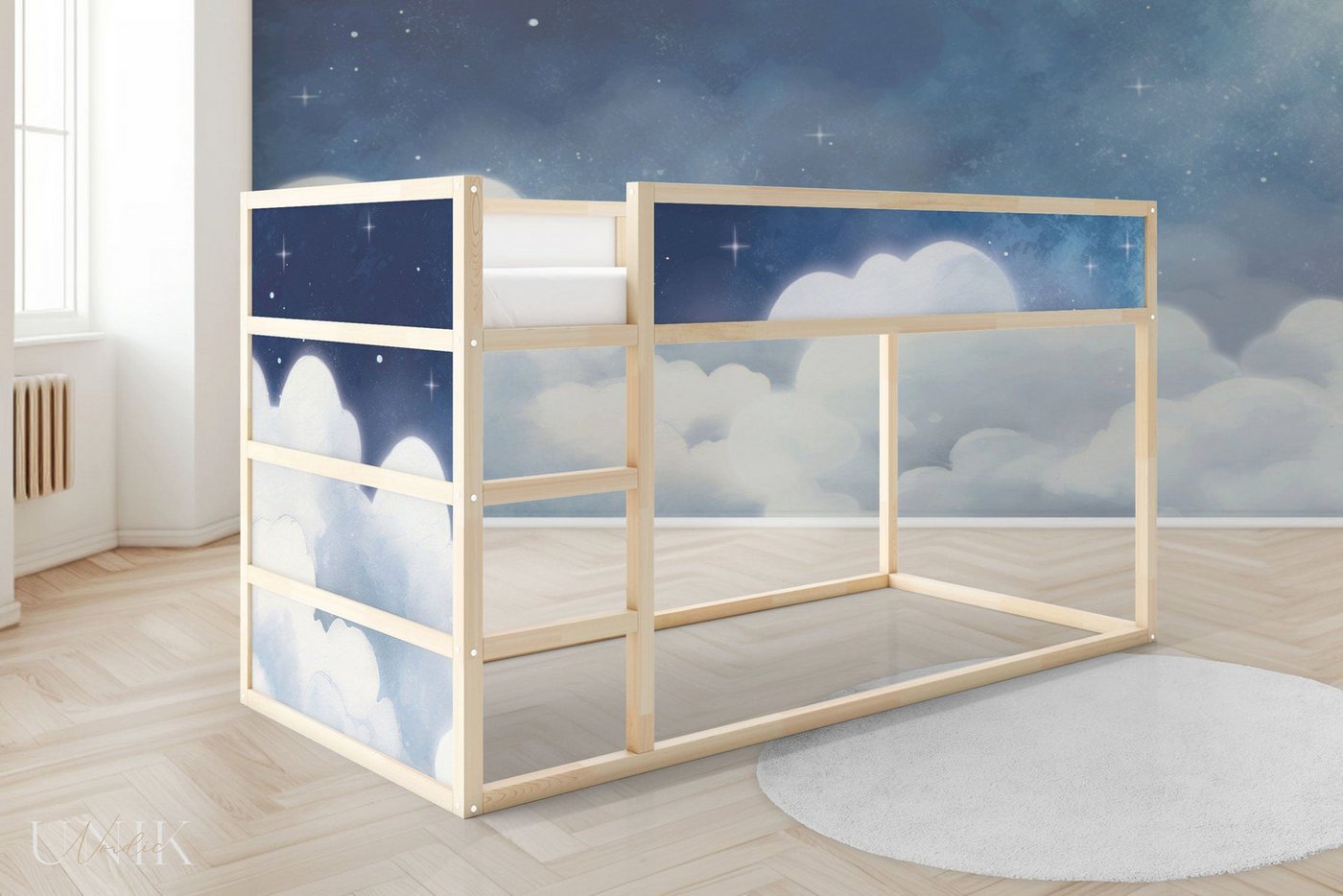 Unik Nordic Möbelfolie IKEA Kura Bett­aufkleber Set - Wolkenhimmel 2-Sticker-Set Oben, (Set, 2St.}, Für die angebene Anzahl an Flächen zugeschnitten), selbstklebend, exakte Maße, wiederablösbar von Unik Nordic