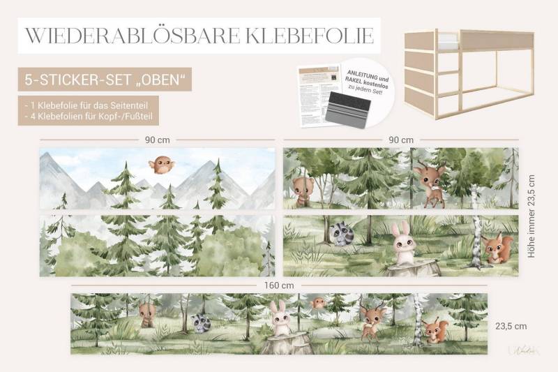 Unik Nordic Möbelfolie IKEA Kura Bett­aufkleber Tannenwald mit Tieren 5-Sticker-Set Oben, (Set, 5St.}, Für die angebene Anzahl an Flächen zugeschnitten), selbstklebend, exakte Maße, wiederablösbar von Unik Nordic