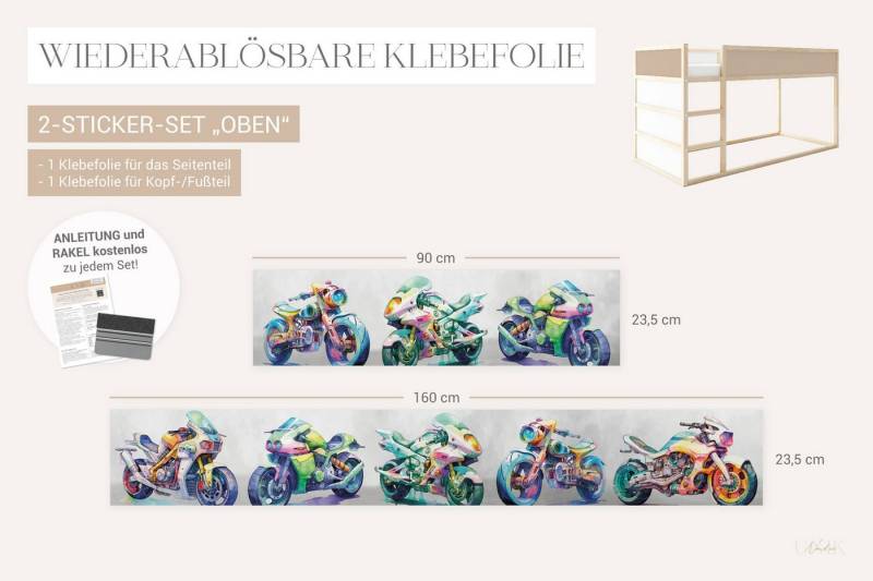 Unik Nordic Möbelfolie IKEA Kura Hack Bett­aufkleber Set - Motorräder Aquarell, (Set, 2St.}, Für die angebene Anzahl an Flächen zugeschnitten), selbstklebend, exakte Maße, wiederablösbar von Unik Nordic