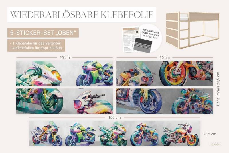 Unik Nordic Möbelfolie IKEA Kura Hack Bett­aufkleber Set - Motorräder Aquarell, (Set, 5St.}, Für die angebene Anzahl an Flächen zugeschnitten), selbstklebend, exakte Maße, wiederablösbar von Unik Nordic