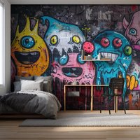 Jugendzimmer Tapete Graffiti Monster Auf Schwarzer Steinwand - Vliestapete in Bahnen Geschnitten Deine Maße, Perfekt Fürs Jugend-Zimmer von UnikNordic