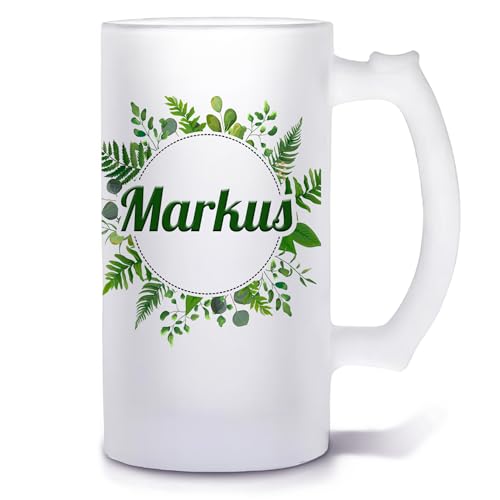 Bierkrug mit Name personalisiert | Blätterrahmen | Glasbierkrug individuell bedruckt | Biergeschenk für Männer zum Geburtstag Bayern Oktoberfest-Dekoration Wiesn Party Brauerei Bier brauen Helles von Unikatolo
