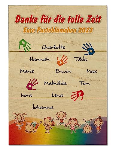 Kita Abschiedsgeschenk Holztafel | HÄNDE | mit Namen & Wunschtext Wanddekoration Geschenk Dankeschön Erzieher Kindergarten Lehrer Tagesmutter Handabdrücke Regenbogen bunt (klein 20 x 28,5 cm) von Unikatolo