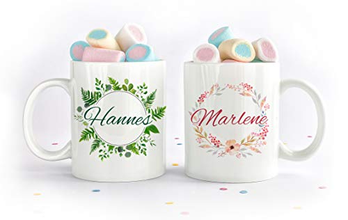 Tassen Set mit Name, Geschenkset zur Hochzeit, Valentinstag, Jahrestag, Verlobung, für Paare, Aquarell, Wald, Blüten von Unikatolo