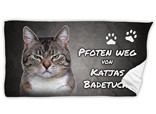 Unikatolo Badetuch Katze mit Name 70 x 140 cm, personalisiert, Strandtuch Geschenkidee Geburtstag Katzenbadetuch Urlaub Strand lustig Duschtuch grau von Unikatolo