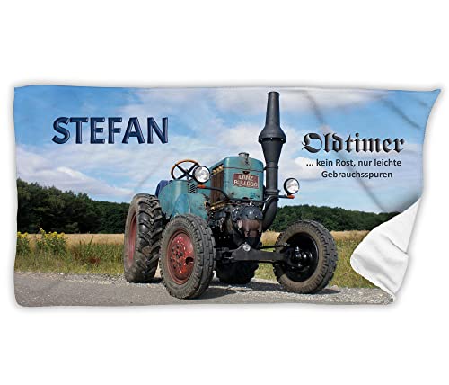 Unikatolo Badetuch Traktor Oldtimer mit Name personalisiert 70 x 140 cm | Trecker Landwirt Geschenk personalisiert Männer Retro Bauern Männergeschenk runder Geburtstag Vatertagsgeschenk von Unikatolo