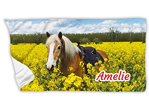 Unikatolo Handtuch Pferd mit Name personalisiert | 50 x 100 cm | Strandtuch Reiten Haflinger | Geschenk Frauen Mädchen Geburtstag von Unikatolo