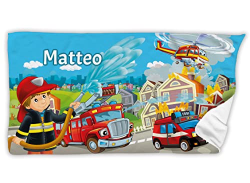 Unikatolo Kinder Badetuch Feuerwehr mit Name personalisiert 50 x 100 cm | Handtuch Strandtuch Bedruckt individuelles Geschenk Kinder Ostern Taufe Schulanfang Geburt Geburtstag Kindergeburtstag von Unikatolo