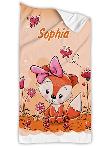 Unikatolo Kinder Badetuch personalisiert mit Name Handtuch Strandtuch vollflächig Bedruckt personalisiert Ostern Geburtstag Fotogeschenk (70 x 140 cm, Fuchs Mädchen) von Unikatolo