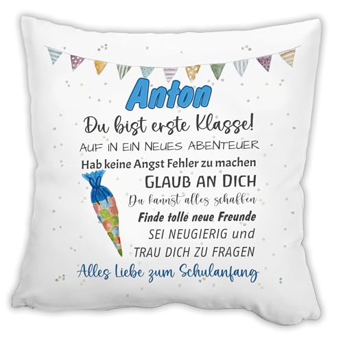 Unikatolo Kissen Schulkind BLAU mit Name personalisiert | individuelles Geschenk zur Einschulung für Kinder Kinderzimmerdeko Namenskissen zum Schulstart, Schulanfang Schultüte von Unikatolo