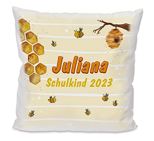 Unikatolo Kissen mit Name und Motiv Biene | personalisiertes Geschenk für Kinder zum Geburtstag Schulanfang Taufe Geburt Kinderzimmerdeko Kindergeburtstag Namenskissen von Unikatolo