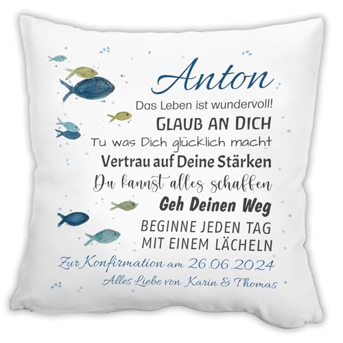 Unikatolo Kissen mit Name zur Konfirmation BLAU personalisiertes Geschenk für Kinder, Taufe, Kommunion, Firmung, Kinderzimmerdeko Namenskissen von Unikatolo