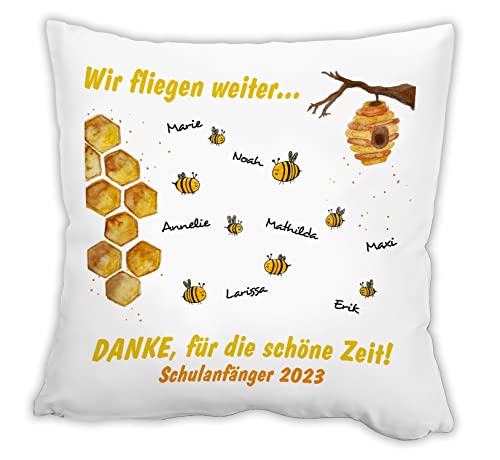 Unikatolo Kita Abschied Bienen Kissen mit Namen Erzieher Geschenk Tagesmutter Kindergarten Abschiedsgeschenk Erzieherin Erzieher Grundschule Lehrerin von Unikatolo