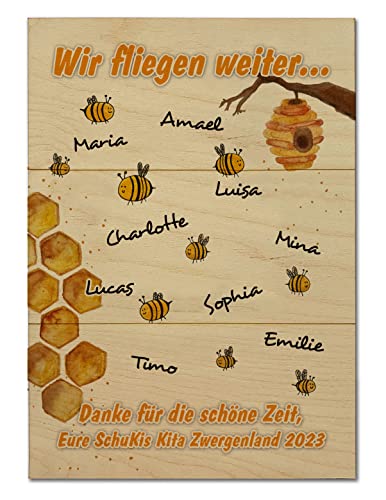 Unikatolo Kita Abschiedsgeschenk Holztafel | BIENEN mit Namen & Wunschtext Wanddekoration Geschenk Dankeschön Erzieherin Kindergarten Lehrer Tagesmutter Wir fliegen weiter (Klein 20 x 28,5 cm) von Unikatolo