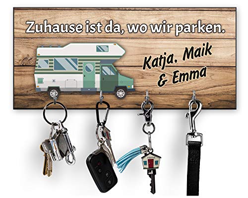 Unikatolo Schlüsselbrett Wohnmobil mit Namen Wandhaken Wanddeko Camper Dekoration Geschenkidee, Hochzeit, Einzug, Hausbau, Bauherr, Holzoptik von Unikatolo